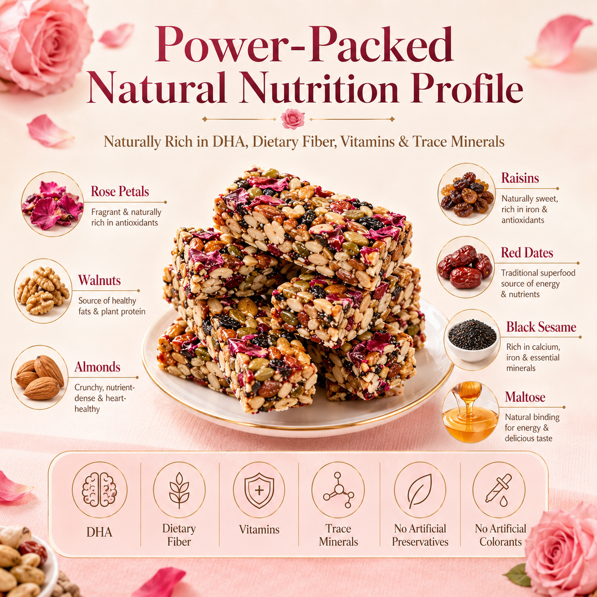🌹Rose Eight-Treasure Nut Bars | Handmade Rose Petal Nut Snack with Nuts & Dried Fruits-H