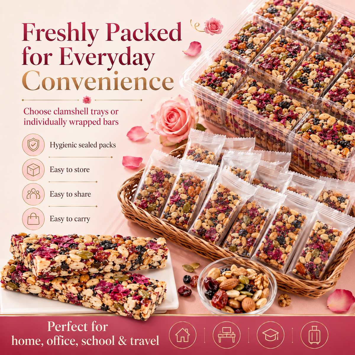 🌹Rose Eight-Treasure Nut Bars | Handmade Rose Petal Nut Snack with Nuts & Dried Fruits-H
